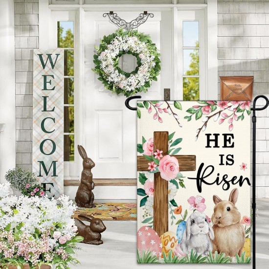 Easter Garden Flags for Outside 12x18 Inch Double Sided He Is Risen Garden Flag Easter Bunny Garden Flag for Outdoor Indoor House Lawn Sign Decor