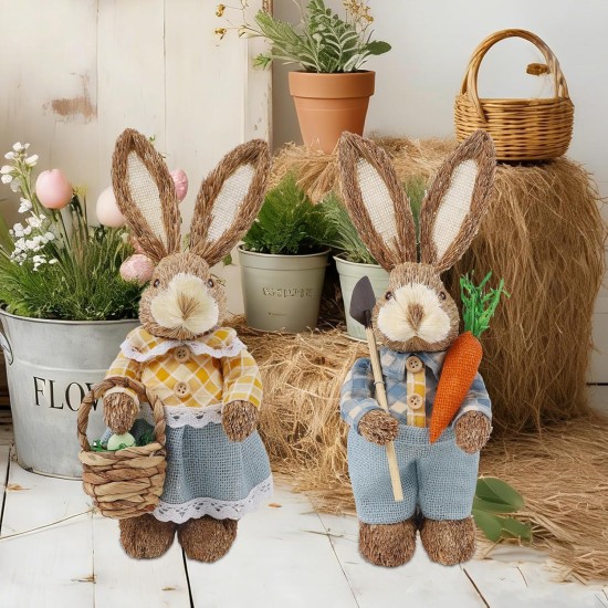 DR.DUDU Set of 2 Easter Decorations 13" Bunny Figurines Tabletop Spring Decor, Rustic Straw Bunny Couple with Carrot, Sisal Rabbit Statues Ornaments for Table Home Office Kitchen Farmhouse